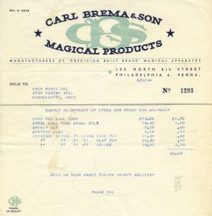 Carl Brema and Son Magical Products Sample Invoice